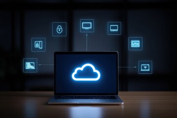 Laptop displaying cloud network map
