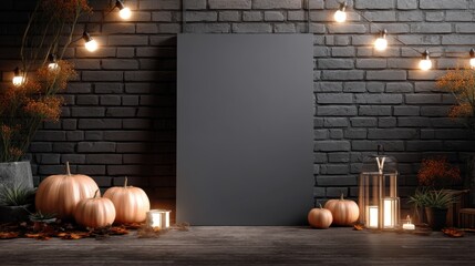 Vertical poster mockup on dark brick wall with pumpkins and candlelight