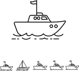 Simple black and white outline illustration of a boat floating on wavy water with flags