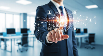 Digital Business Transformation: A professional interacts with a glowing QR code interface, symbolizing cutting-edge technology, global connectivity, smart solutions, and the future of networked busin