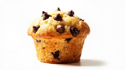Chocolate Chip Muffin on White. A single chocolate chip muffin sits on a white surface. The muffin is golden brown in color, with numerous chocolate chips studding its top and sides.
