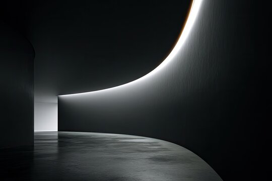 Dark, curved gallery space with subtle lighting