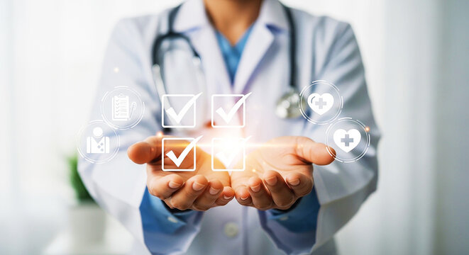 Comprehensive Healthcare & Quality Service: A doctor's hands display glowing checkmarks and health icons, symbolizing top-tier medical care, patient-focused solutions, and a complete approach to welln