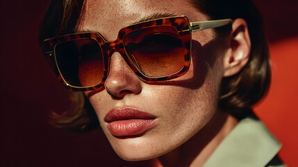 sleek, modern portrait of a woman wearing oversized square sunglasses with a striking tortoiseshell and cream frame. The angular design adds a sophisticated touch