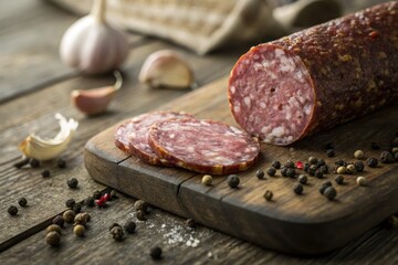 Close up of sliced salami on a wooden board with peppercorns and garlic.