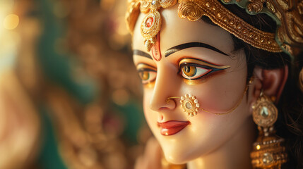 Close-up of Devi Durga&rsquo;s third eye glowing, spiritual aura, dark spiritual atmosphere 