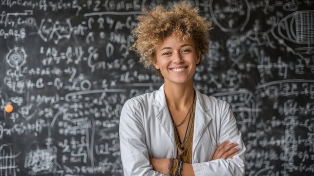 Confident Scientist Standing in Front of a Blackboard with Calculations