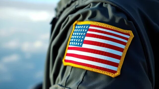 Closeup of an american flag patch sewn onto the sleeve of a dark uniform