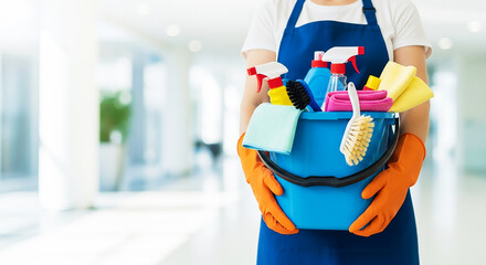 Professional cleaner wearing an apron and gloves, holding a blue bucket filled with various cleaning supplies, symbolizing comprehensive hygiene and commercial cleaning services