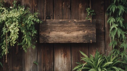 Rustic wooden sign surrounded by lush green foliage against a wooden background