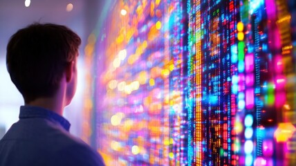 Silhouette of a tech innovator in front of a glowing screen with animated data streams and colorful analytics icons. Data scientist