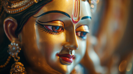 Close-up of Devi Durga&rsquo;s third eye glowing, spiritual aura, dark spiritual atmosphere 