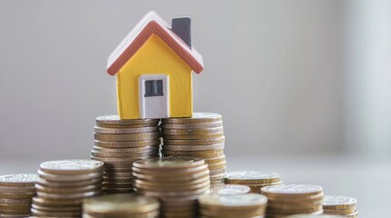 Detailed illustration showing a miniature house positioned atop stacks of coins symbolizing reverse mortgage and asset refinancing ideas