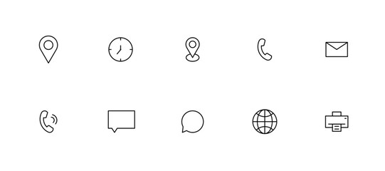 Communication and contact icon set, Outline symbols for phone email location clock globe chat, Minimal business icons pack, UI communication vector collection, vector illustration.
