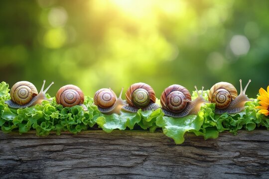 Farming of snails with snails crawling on lettuce in open-air wooden pens 