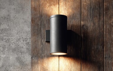 Dark gray cylinder wall light mounted on a wooden wall