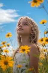 Beautiful young girl standing in field of yellow flowers blue sky
