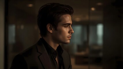 profile photograph of a handsome man with strong features and a sharp jawline	
