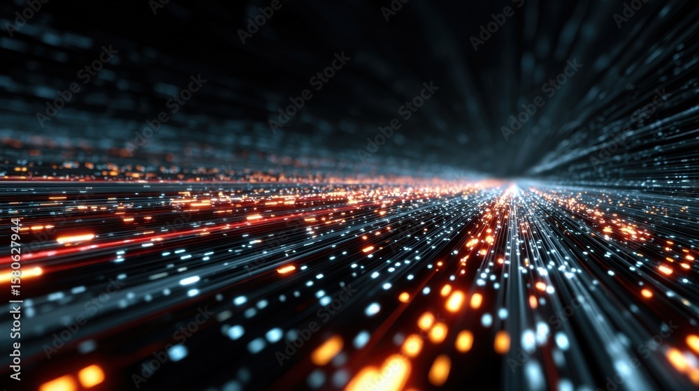 Poster highenergy visualization of a digital highway filled with vibrant binary symbols and interconnected 