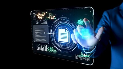 Businessman using holographic document management interface showing digital file storage, data organization, and futuristic tech system for managing record and business information. - Powered by Adobe