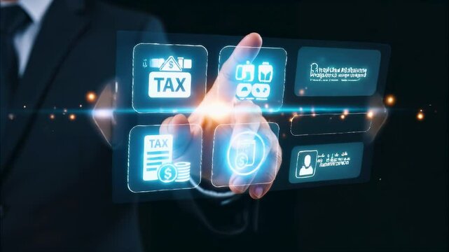 Close-up of businessman using holographic tax interface, featuring virtual icons for online tax payment, income tax return, digital tax filing, and financial account overview.