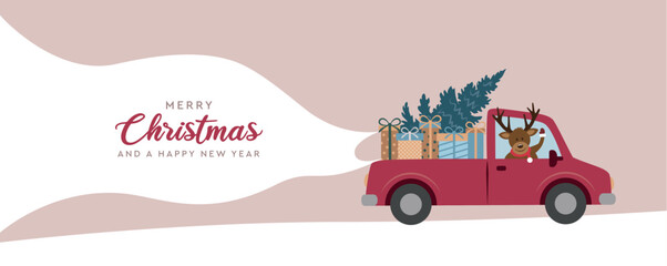 cute deer sits in a car with christmas tree and gifts vector illustration © krissikunterbunt