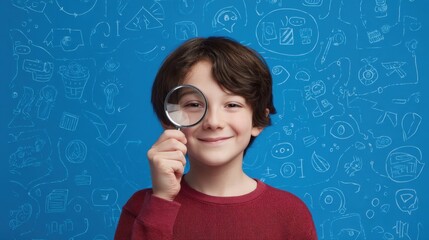 Smiling child holding magnifying glass against a colorful illustrated background