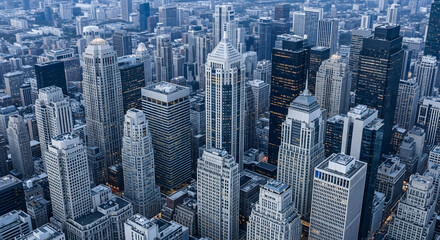 Fototapeta premium Twilight Aerial View of a Dynamic Cityscape Blending Modern and Historic Architecture