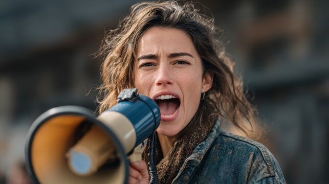 Woman passionately speaking through megaphone during an outdoor gathering or event
