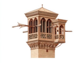 Intricate wooden balcony with ornate detailing,  set against a bright white background.