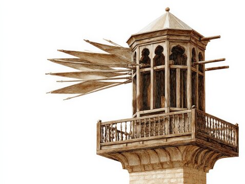 Intricate wooden windcatcher against a white background.  A detailed architectural marvel.
