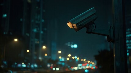 Control center monitors showcase urban activity and city lights at night from elevated perspective