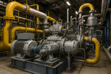 Large yellow compressor system inside refinery plant showing pressurized gas flow control in energy production site