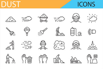 Set of dust control icons, including workers, masks, and cleaning equipment for health and safety.