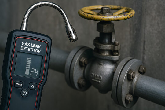 Gas leak detector showing reading next to industrial valve indicating safety inspection of potential hazard