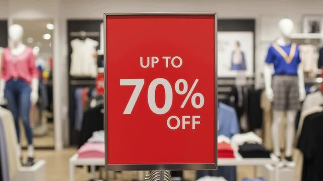 Massive retail sale up to 70% off on fashion apparel shopping center promotional sign modern environment inside view consumer attraction