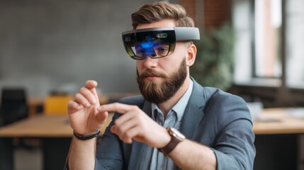 Man in Smart Glasses Engages with Augmented Reality Technology in Modern Office Setting