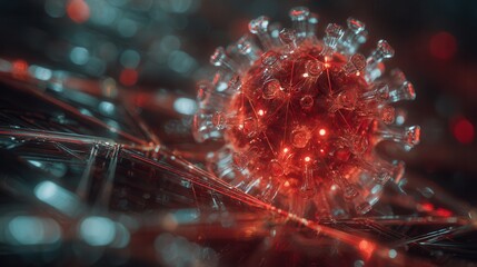 Microscopic view of a virus displaying intricate details and vibrant colors in a dynamic background