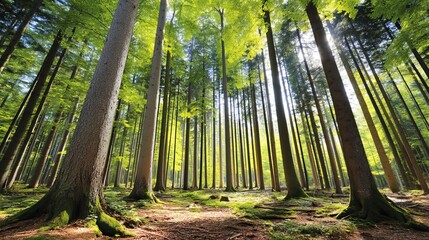 Fototapeta premium Majestic Sunlit Pine Forest with Lush Green Foliage and Towering Trees in Tranquil Nature Setting