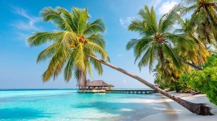 Naklejka premium Serene Tropical Paradise with Palm Trees and Overwater Bungalow Under Clear Blue Sky