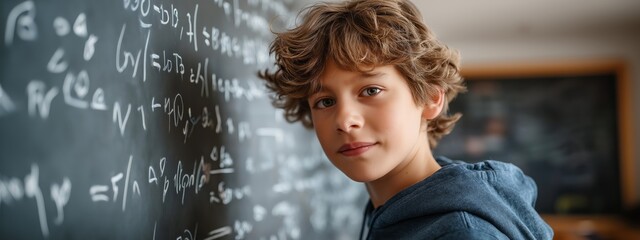 A boy is standing in front of a blackboard with math equations on it