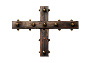 Rustic Wooden Cross with Brass Accents, Dark Background