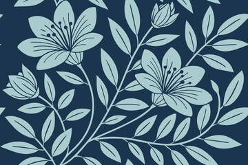 Fototapeta premium Blue botanical pattern with blossoms and leaves, Seamless floral background for textile and wallpaper designs