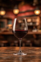 A glass of red wine on a wooden table with a softly lit, cozy background in a bar or restaurant setting.