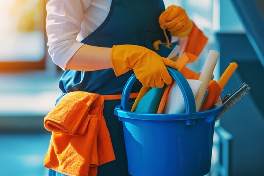 Cleaning person holding a blue bucket with cleaning supplies and orange gloves - Powered by Adobe