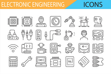 A set of icons representing key components of electronic engineering like chips, robotics, and power tools.