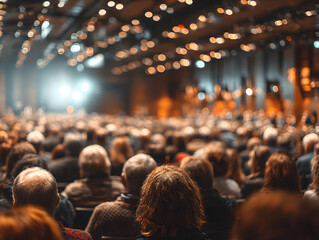 Large audience attending professional conference in modern hall