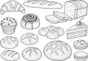 Collection of hand drawn bakery items including bread rolls croissants muffins and cake