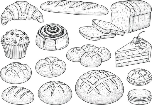 Collection of hand drawn bakery items including bread rolls croissants muffins and cake