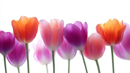 Fototapeta premium A vibrant display of tulips in various shades of pink, purple, and orange. This beautiful image showcases the elegance of flowers in a soft and bright style. 
